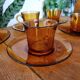 Set of 6 cups & saucers vintage Duralex amber glass signed