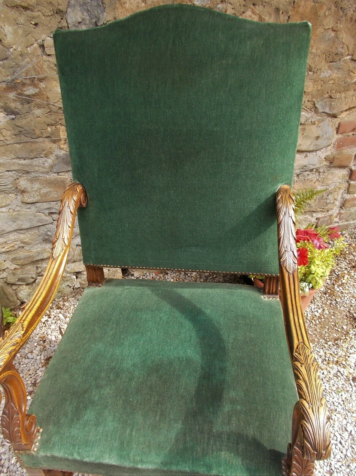 19th C Antique open armchair, Flemish,Carved Oak Detail, Velvet Upholstered