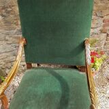 19th C Antique open armchair, Flemish,Carved Oak Detail, Velvet Upholstered