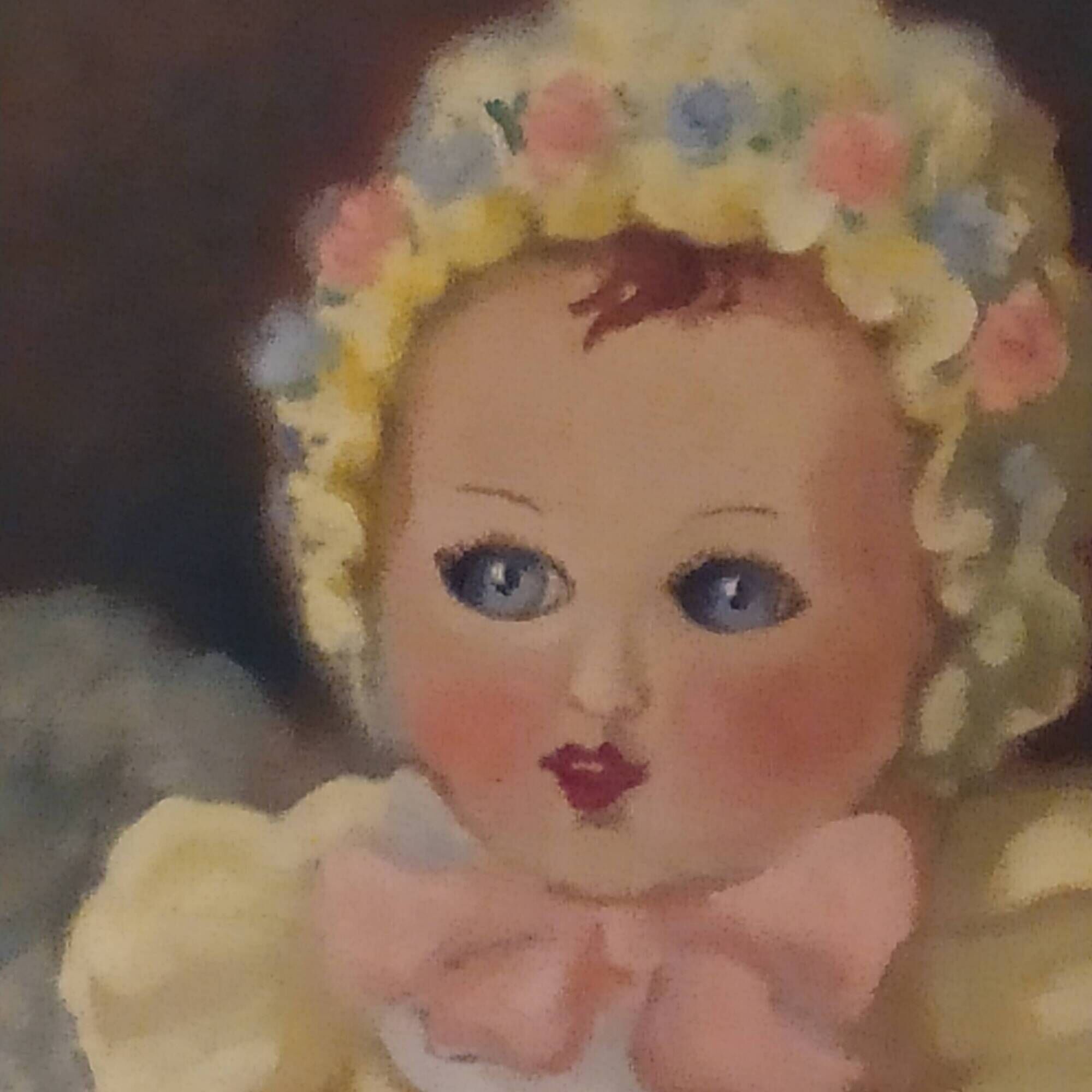 Oil on panel vintage 1930/1950 doll portrait