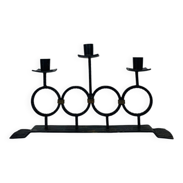 Vintage Brutalist Wrought Iron Triple Candle Holder