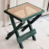 Small folding stool in green wood and cane