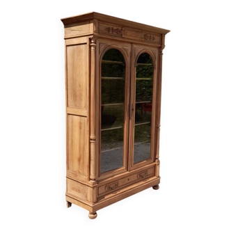 Antique Napoleon 3 bookcase, two doors, 1 drawer, solid walnut, raw wood