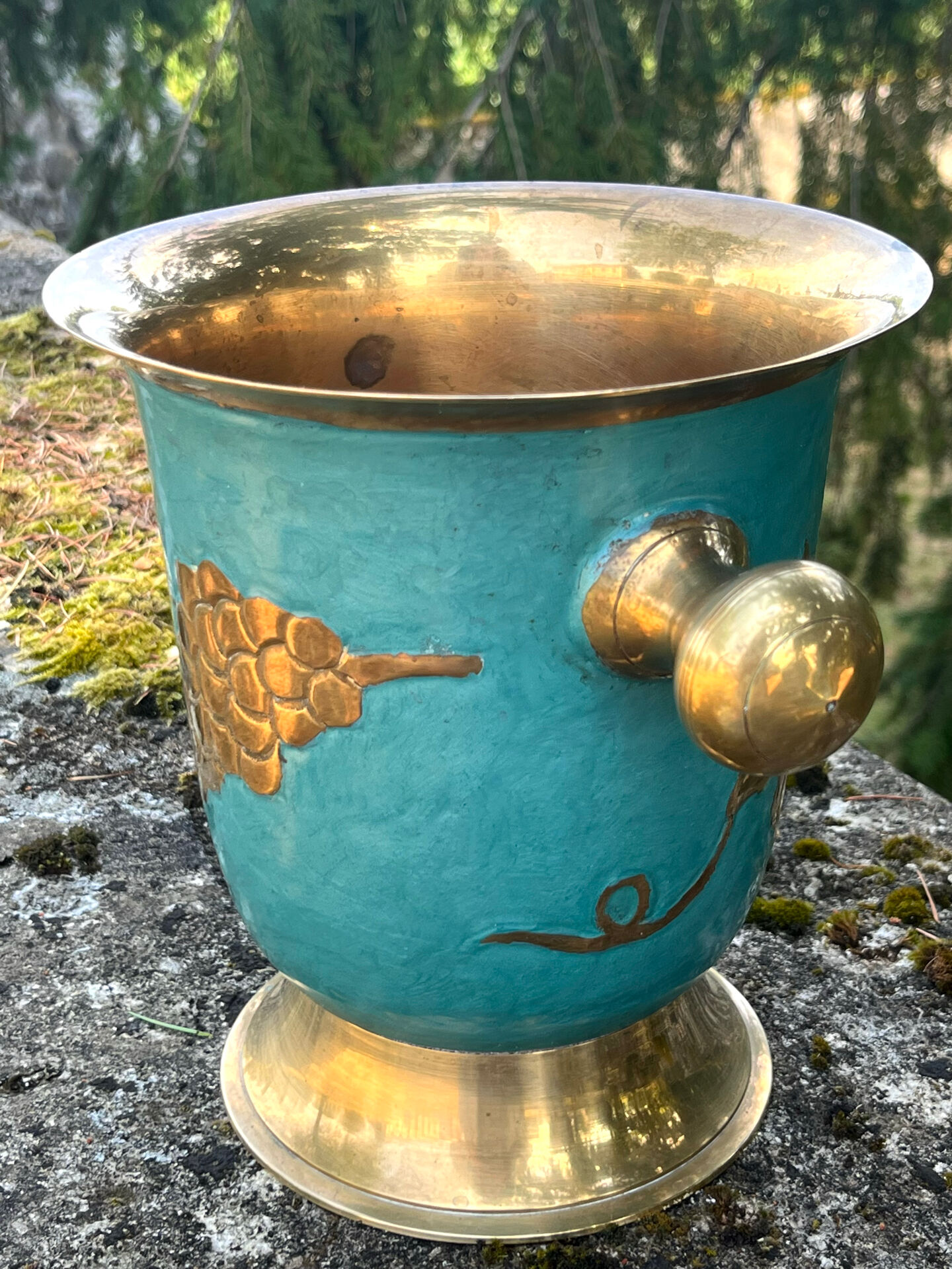 Vintage cloisonne brass champagne bucket with turquoise grape design