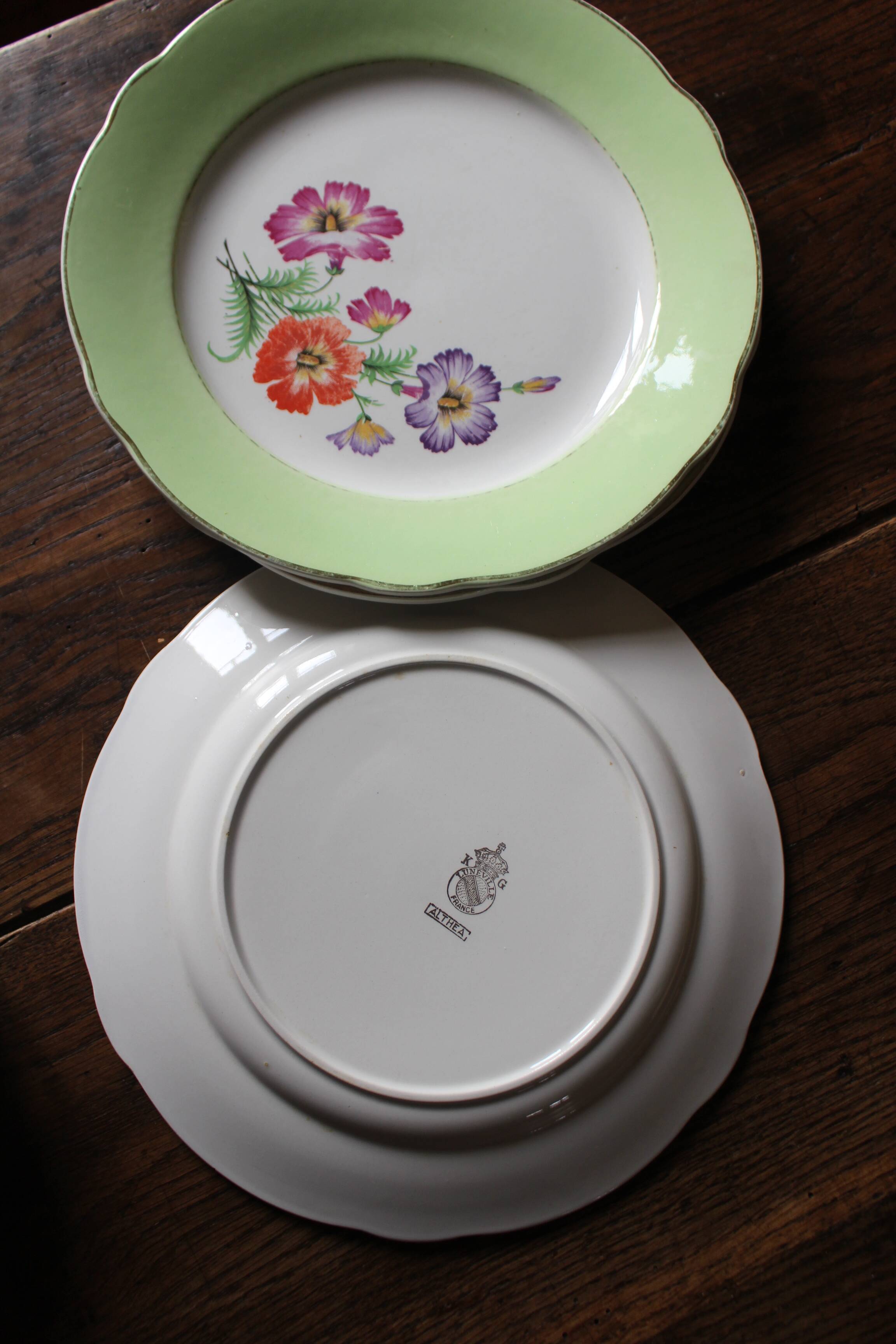 Lot 6 flat plates Flowers Yellow Green Lunéville mismatched