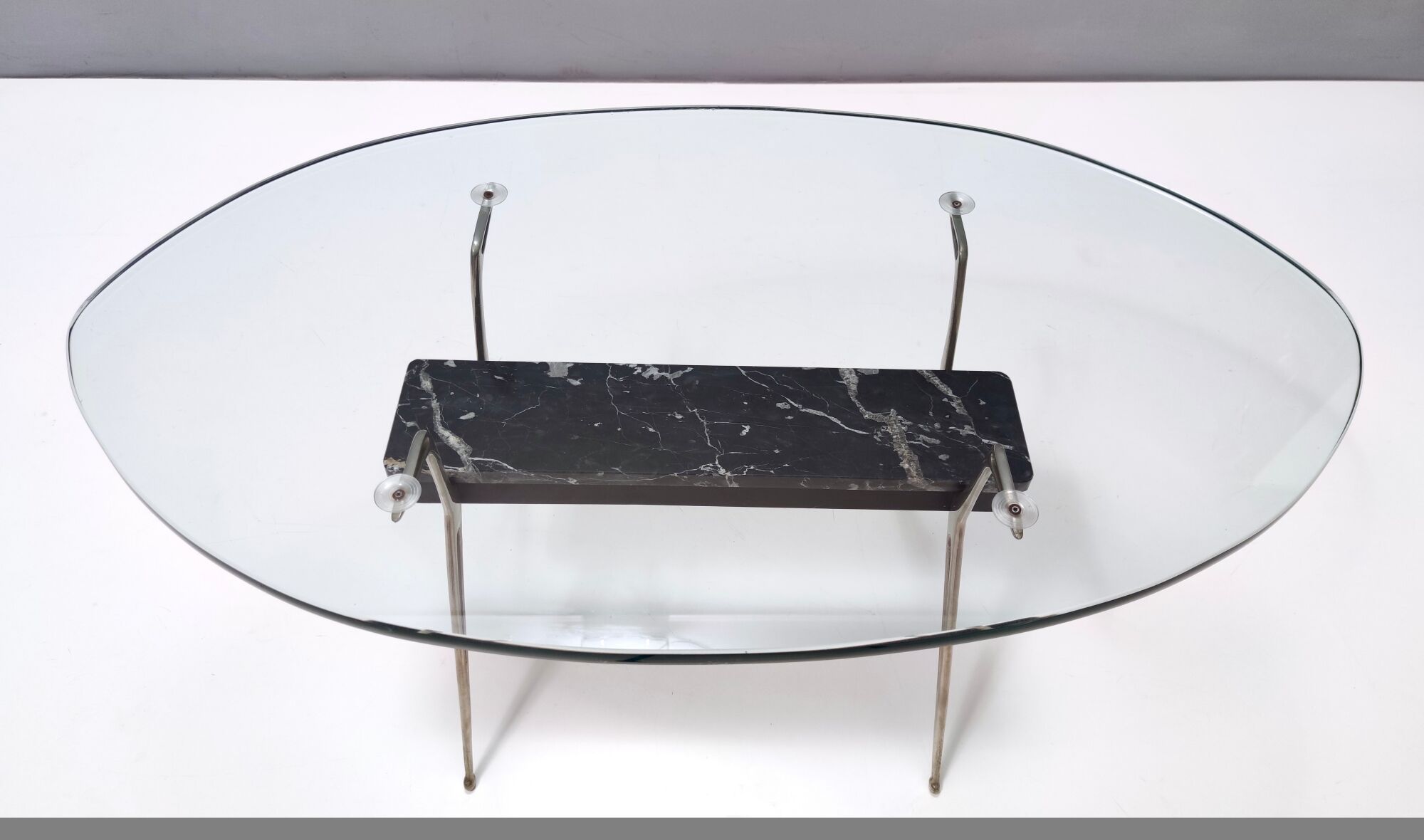 Midcentury Oval Glass Coffee Table with Portoro Marble, Italy