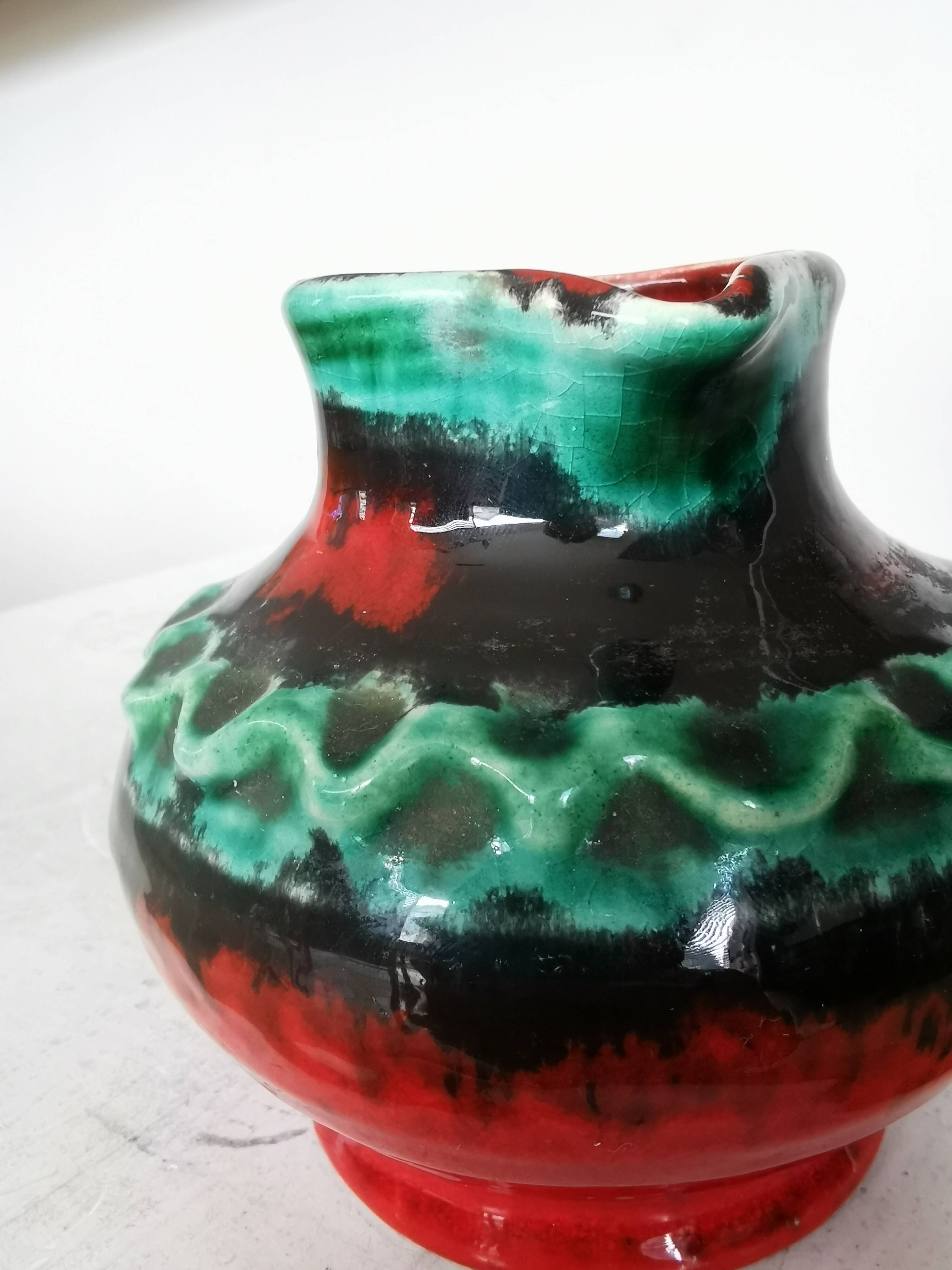 Fat Lava Pitcher Vase: Red Black Green Glaze, West German Pottery