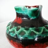 Fat Lava Pitcher Vase: Red Black Green Glaze, West German Pottery