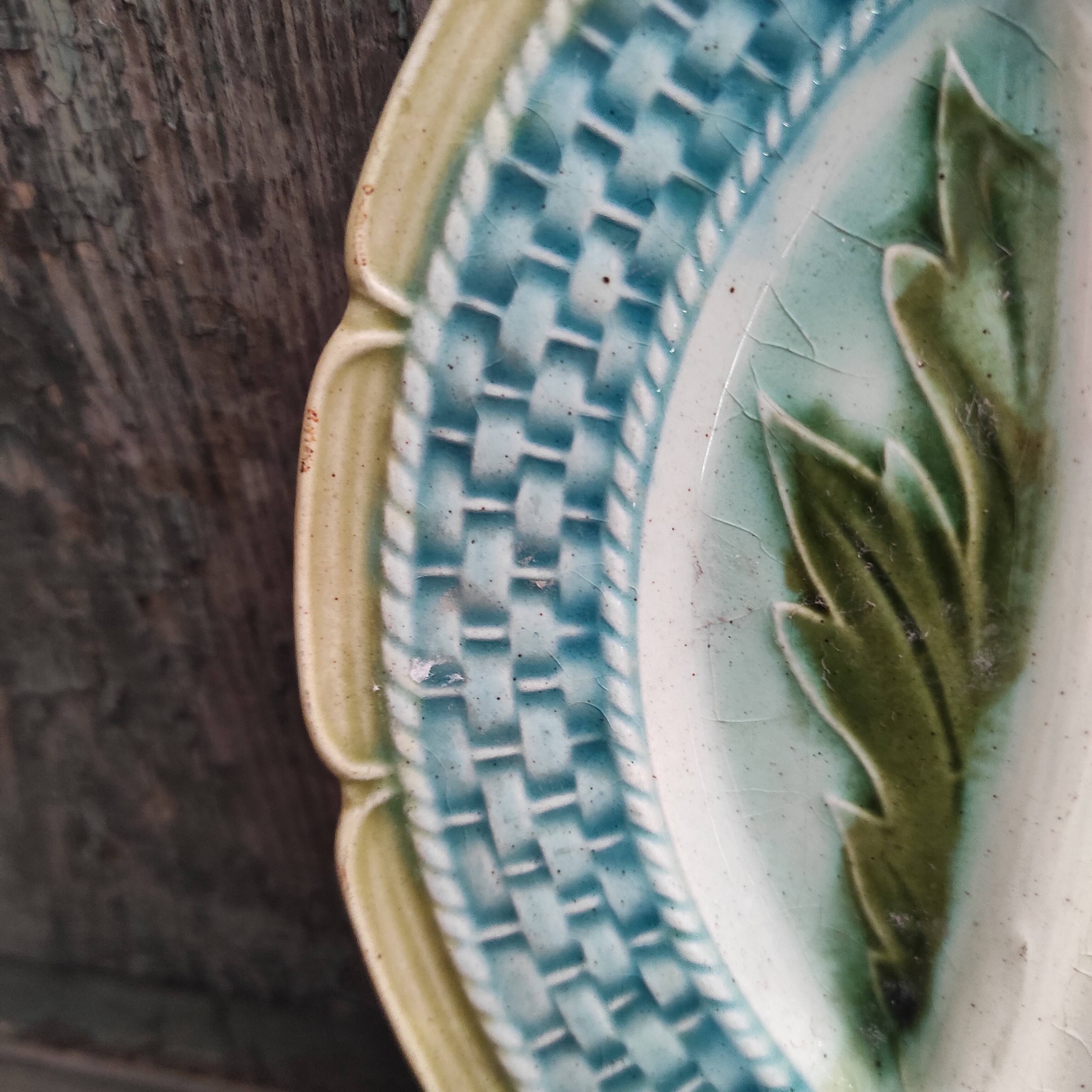 French antique asparagus dish, majolica, barbotine