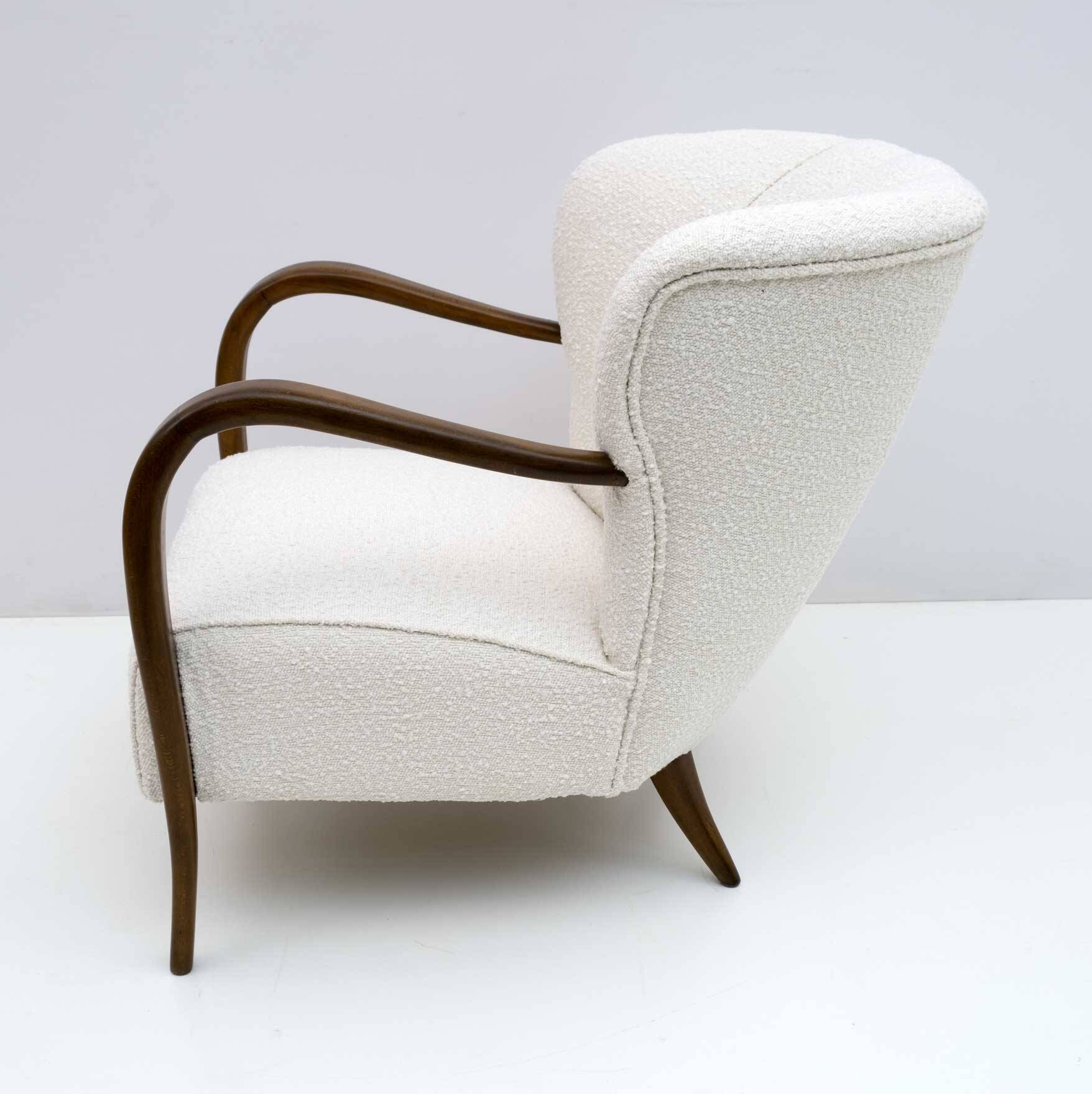 Malatesta and Masson Art Déco Style Italian Walnut and Bouclé Armchair, 50