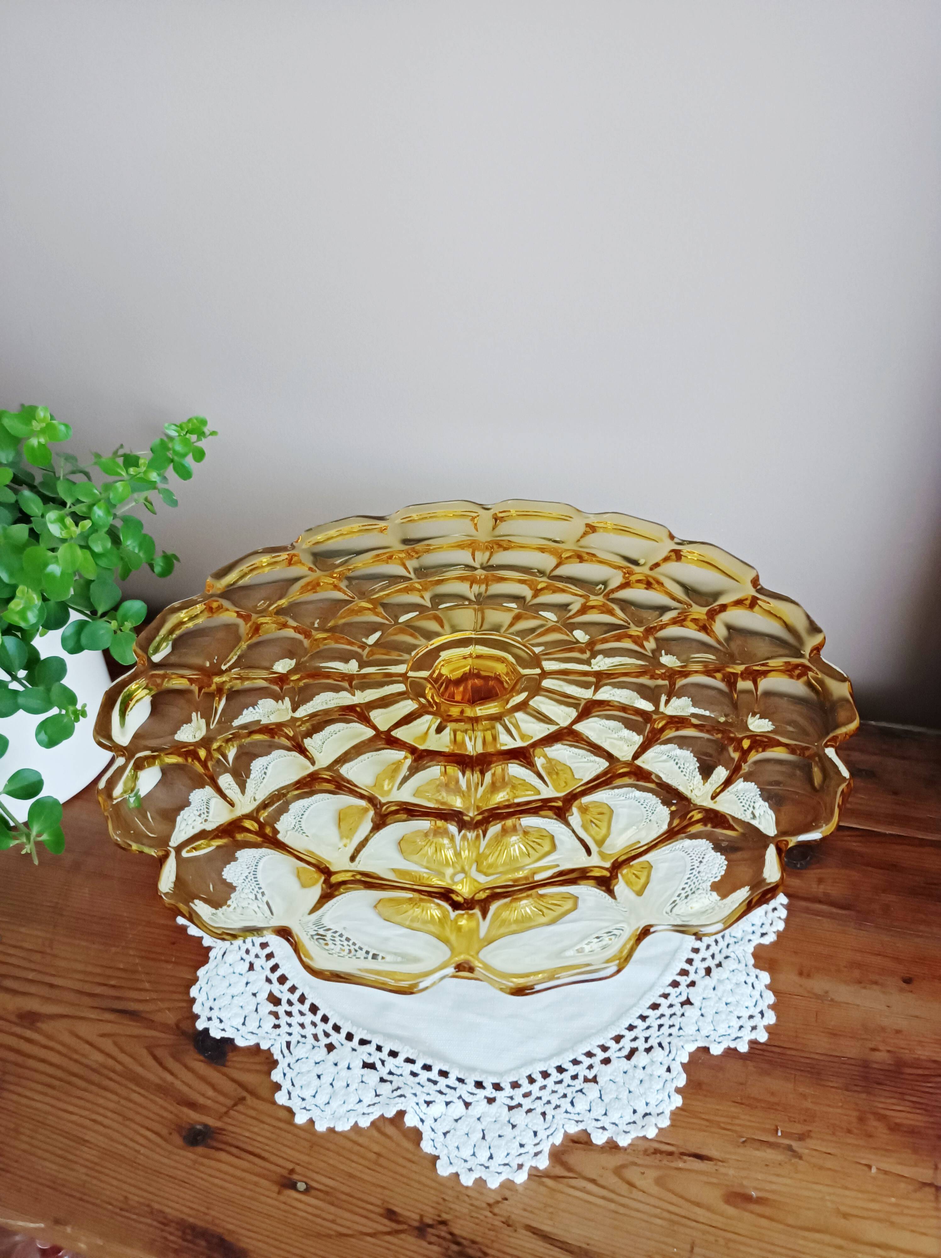 Cake stand, glass pedestal plate Bernsdorf depression style