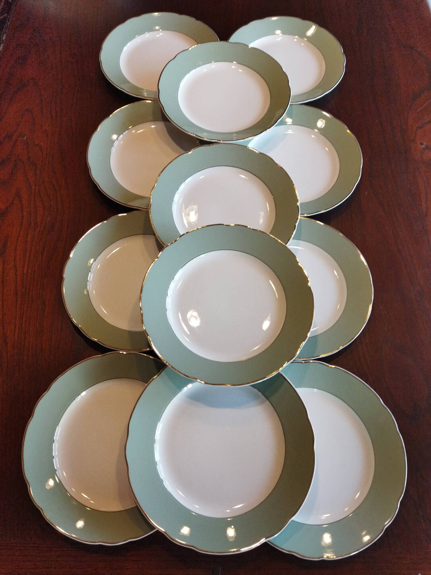 12 flat plates Villeroy & Boch Mettlach celadon green and vintage gold 1960s