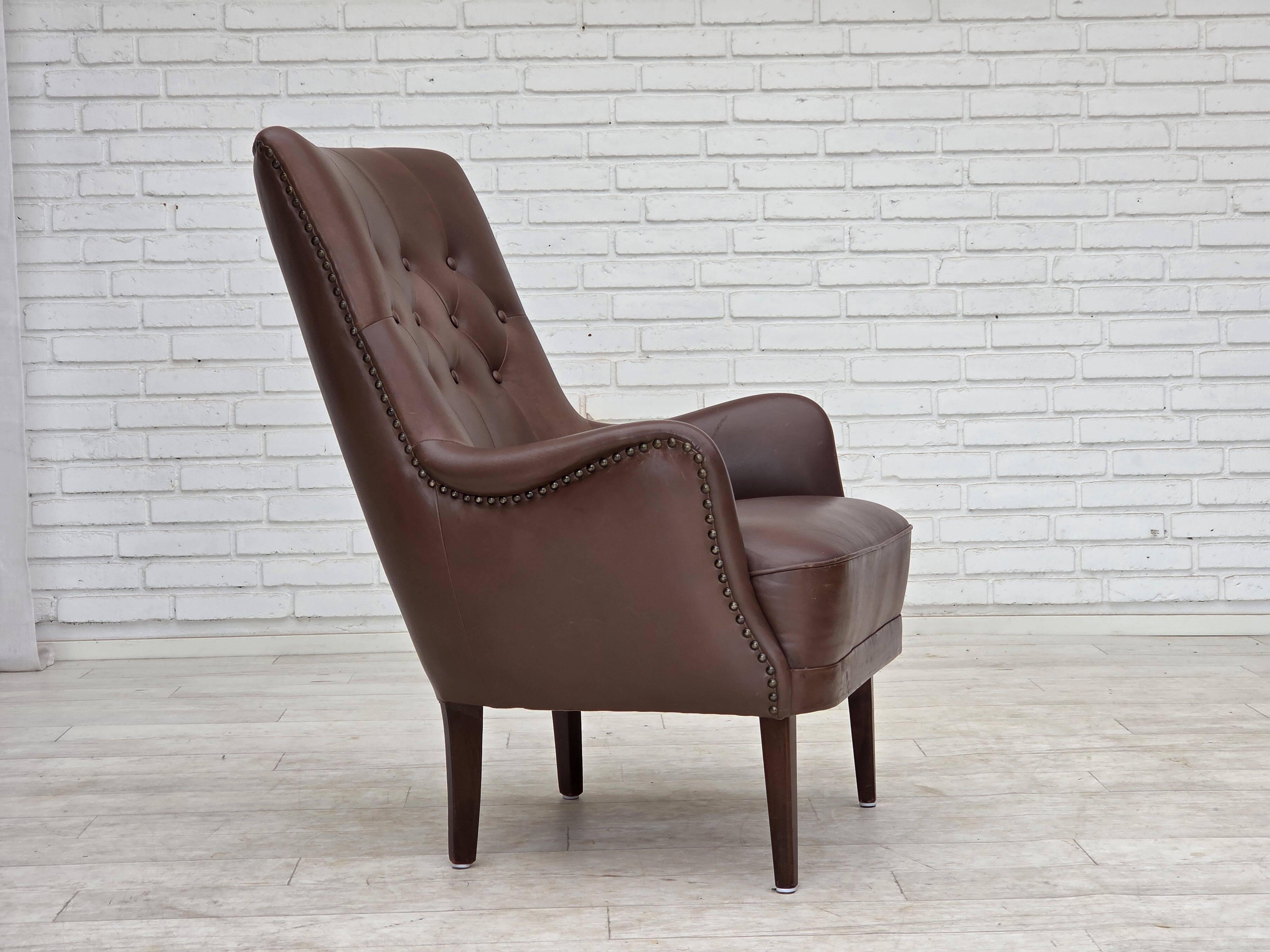 1970s, Danish armchair, original brown furniture leather.