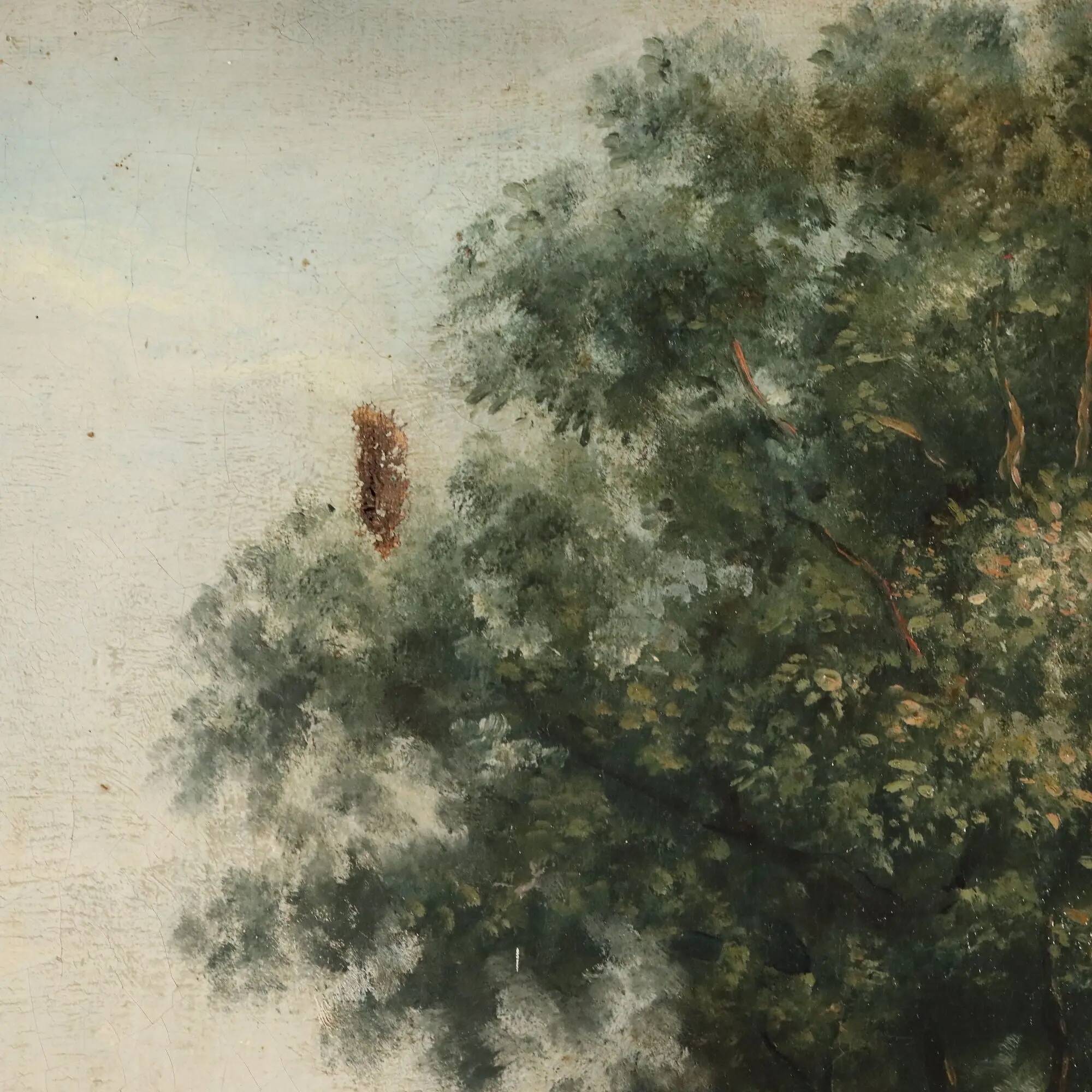 Ancient painting of a bucolic landscape, oil on canvas, Europe, 19th century.