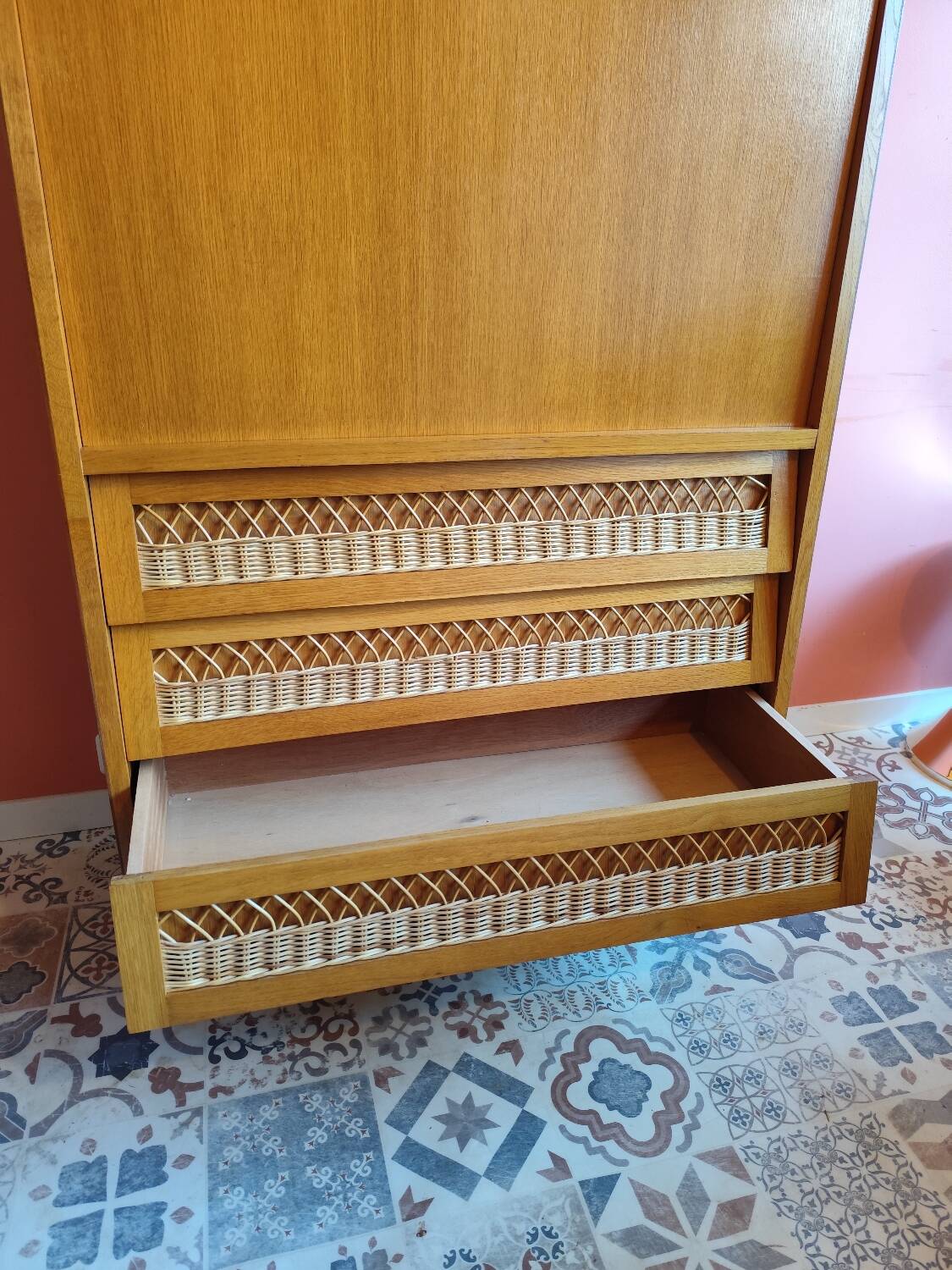 Vintage secretary desk in wood and rattan