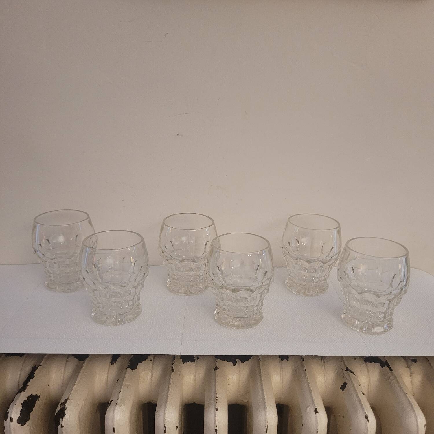 Set of 10 faceted glasses, pressed-molded glass, circa 1950–1960