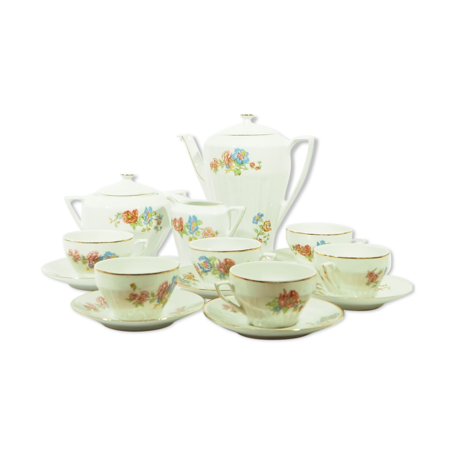 Porcelain coffee set decoration red and blue flowers golden border