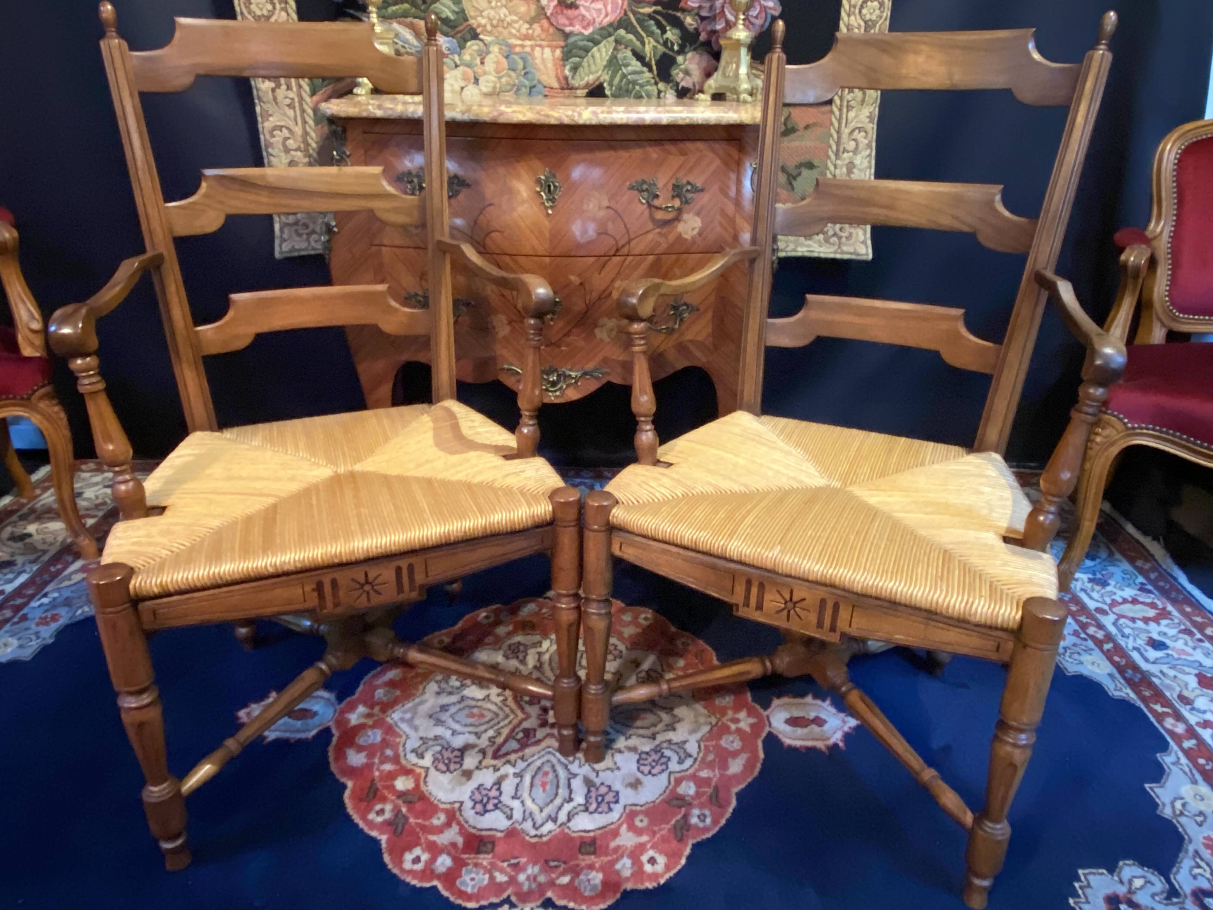 Pair of solid walnut armchairs in Provençal style
