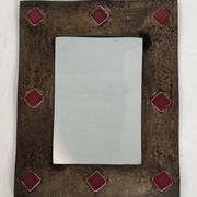 Miroir à Cadre en Céramique Émaillée Bronze à Cabochons Rouges. Travail Fra