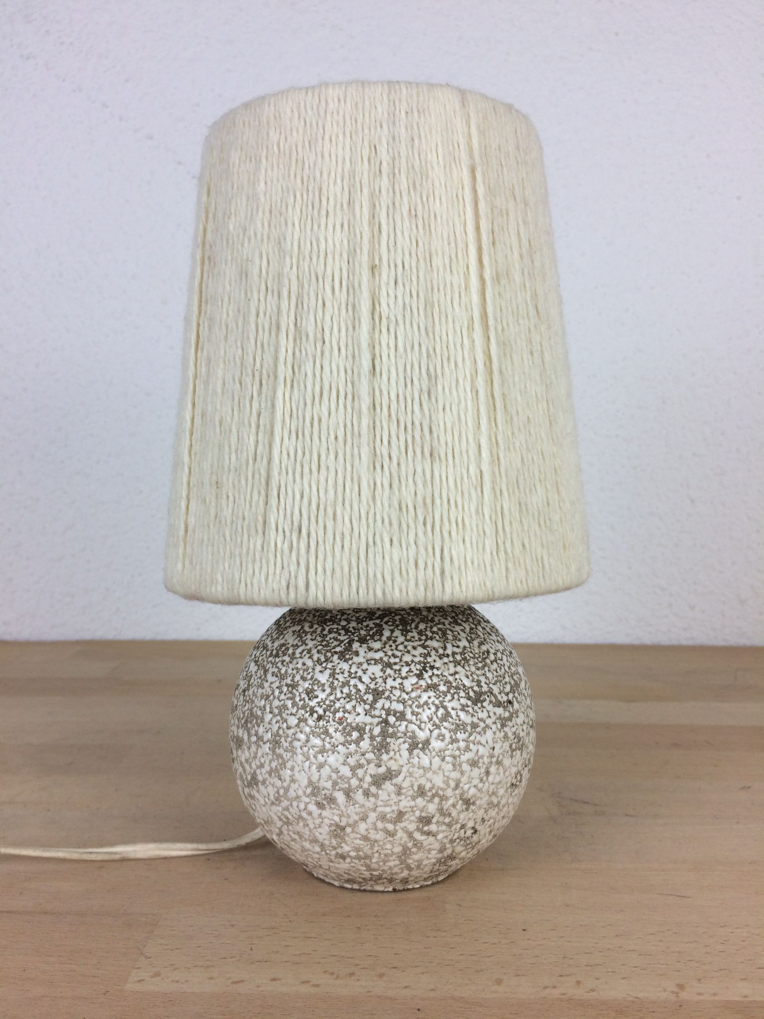 Art Deco ball lamp, white tense ceramic, wool lampshade
