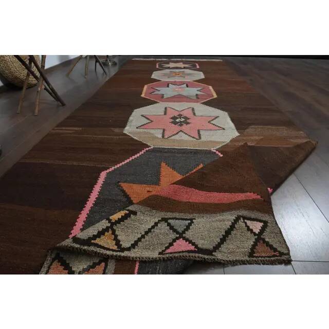1970s Vintage Turkish Handmade Wool & Cotton Brown Runner Rug  148x426