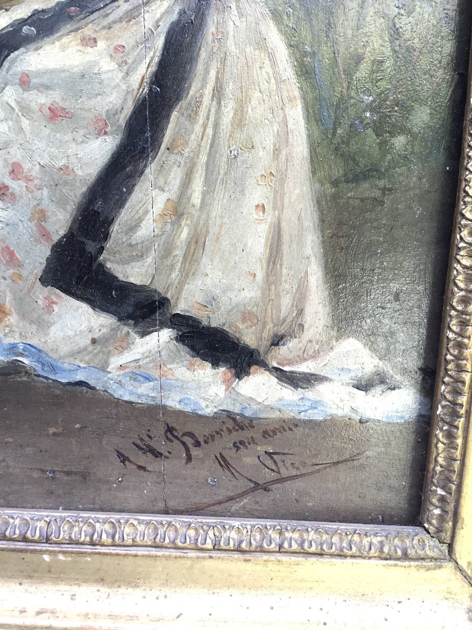 Oil on framed panel, young girl in front of a landscape signed Vico.