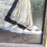 Oil on framed panel, young girl in front of a landscape signed Vico.