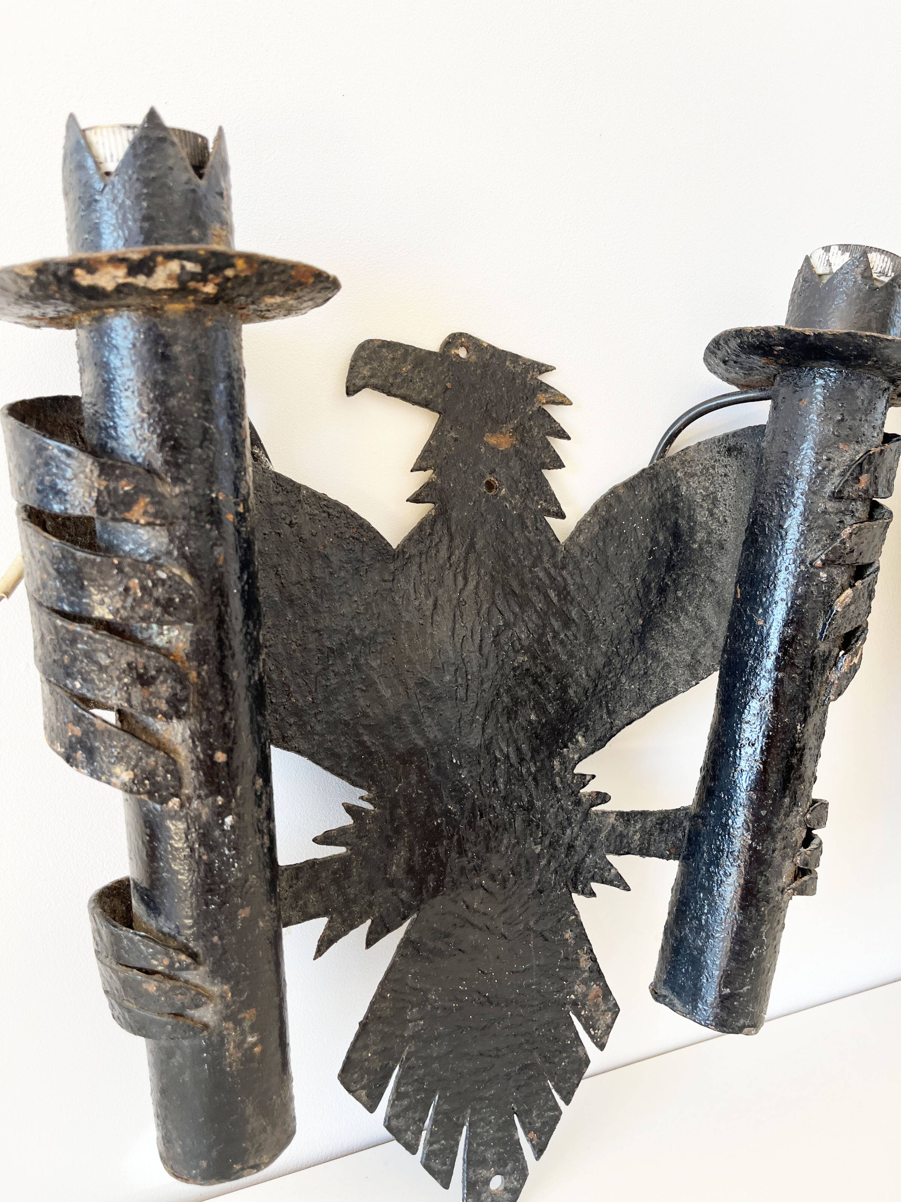 Pair of Brutalist Wrought Iron Eagle Wall Sconces