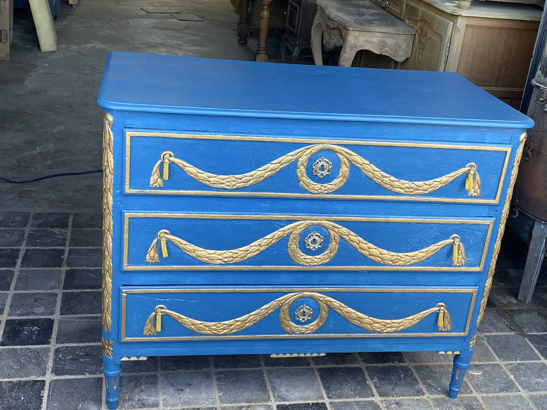 Commode Louis XVI Relookée Bleu Roi et Dorures