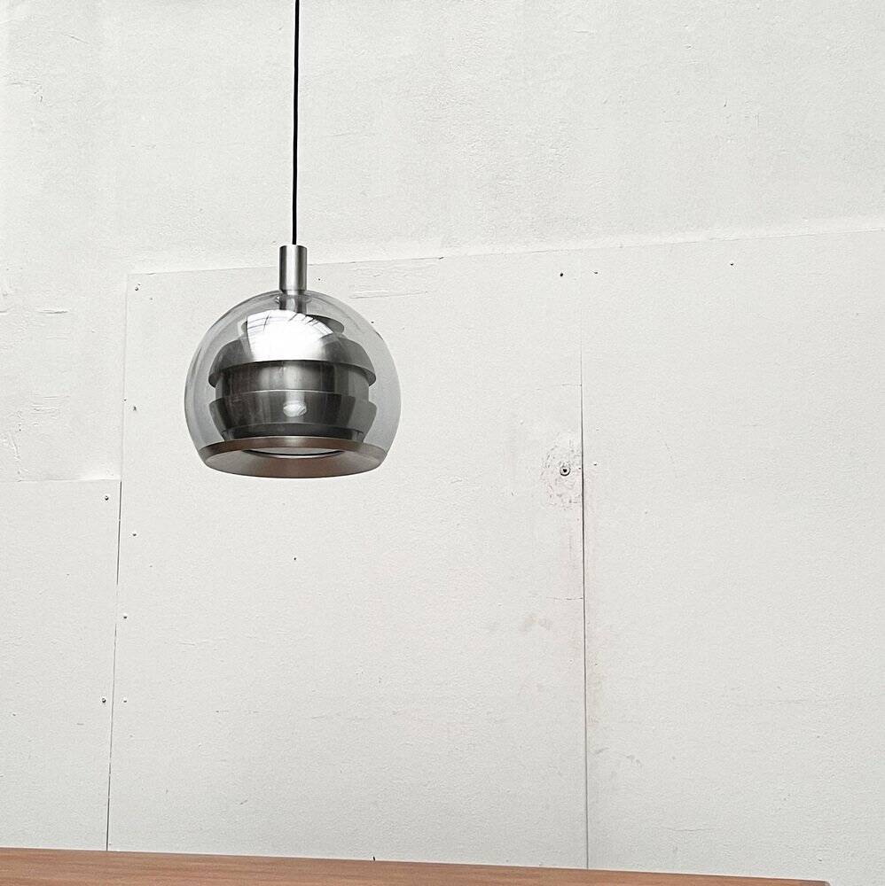 Suspended globe lamp in aluminium and glass in German Space style from the 1960s mid-century by Doria.