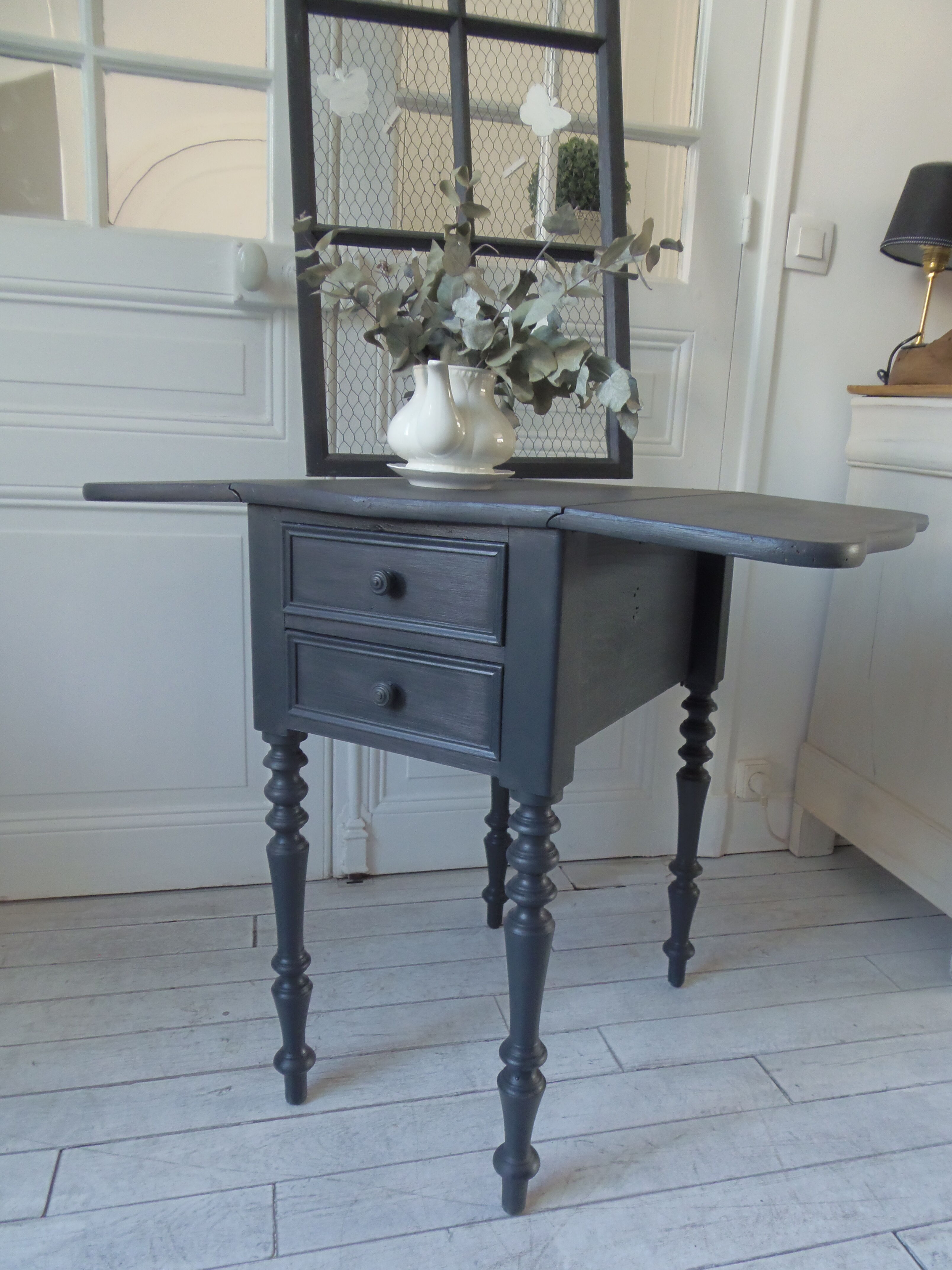 Louis Philippe bedside table with flaps, slate grey