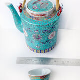 Chinese porcelain tea service with wicker basket