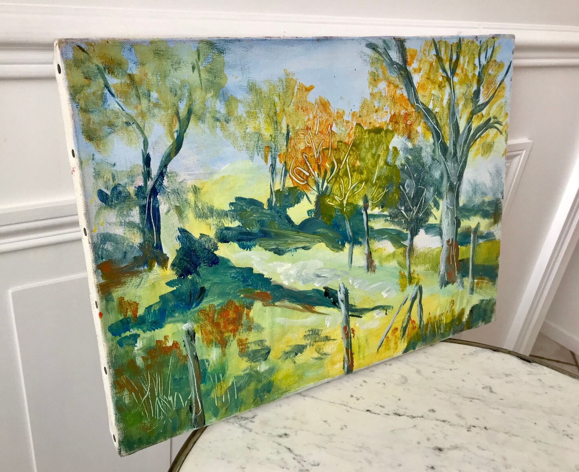 Painting oil on canvas landscape fields and vintage forest