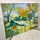 Painting oil on canvas landscape fields and vintage forest