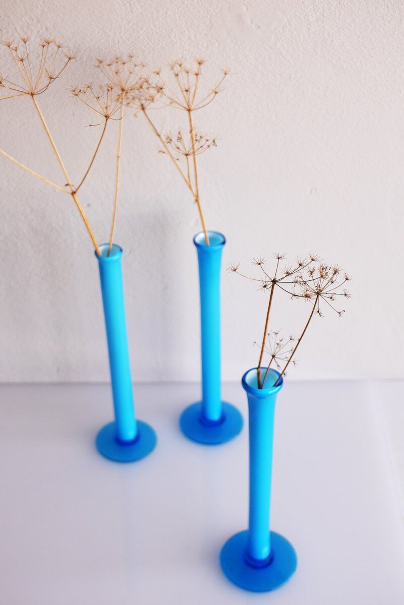 Vintage tall handblown orchid vases in azure blue by Artur Percy for Gullaskruf, 1970s, set of 3