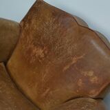 Pair of French club chairs with moustache back in cognac leather, 1940s