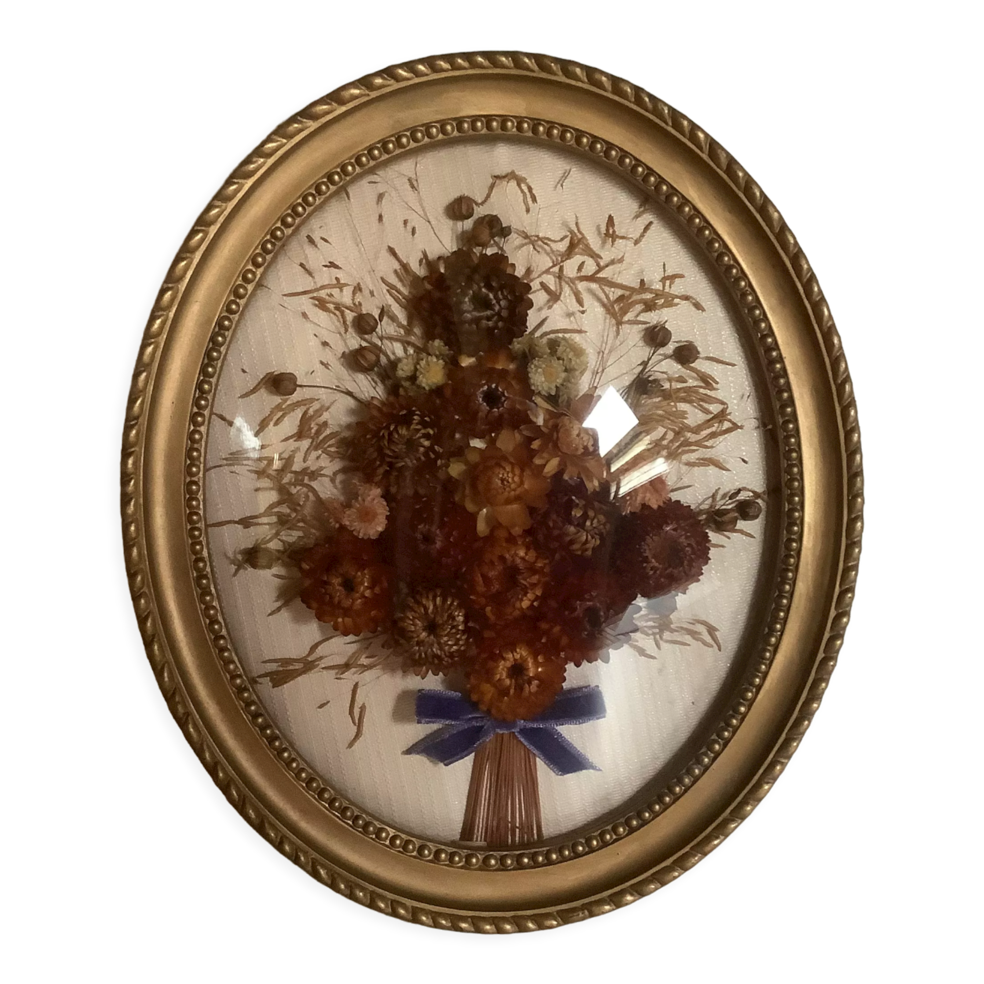 Old oval domed glass frame natural dried flowers