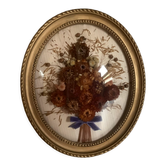 Old oval domed glass frame natural dried flowers