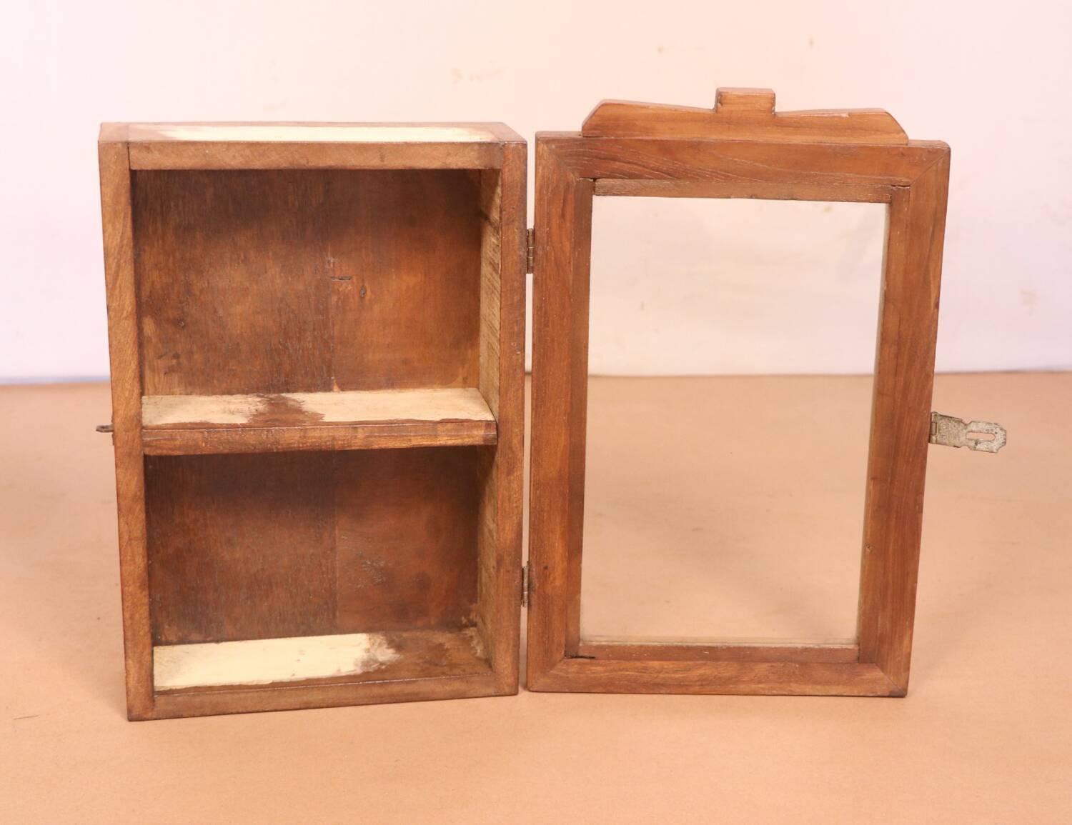 Burmese teak wall display case with original polychrome patina