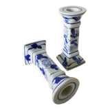 Set of 2 ceramic candle holders in white blue floral pattern