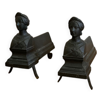 Pair of cast iron andirons from the 19th century, busts of women