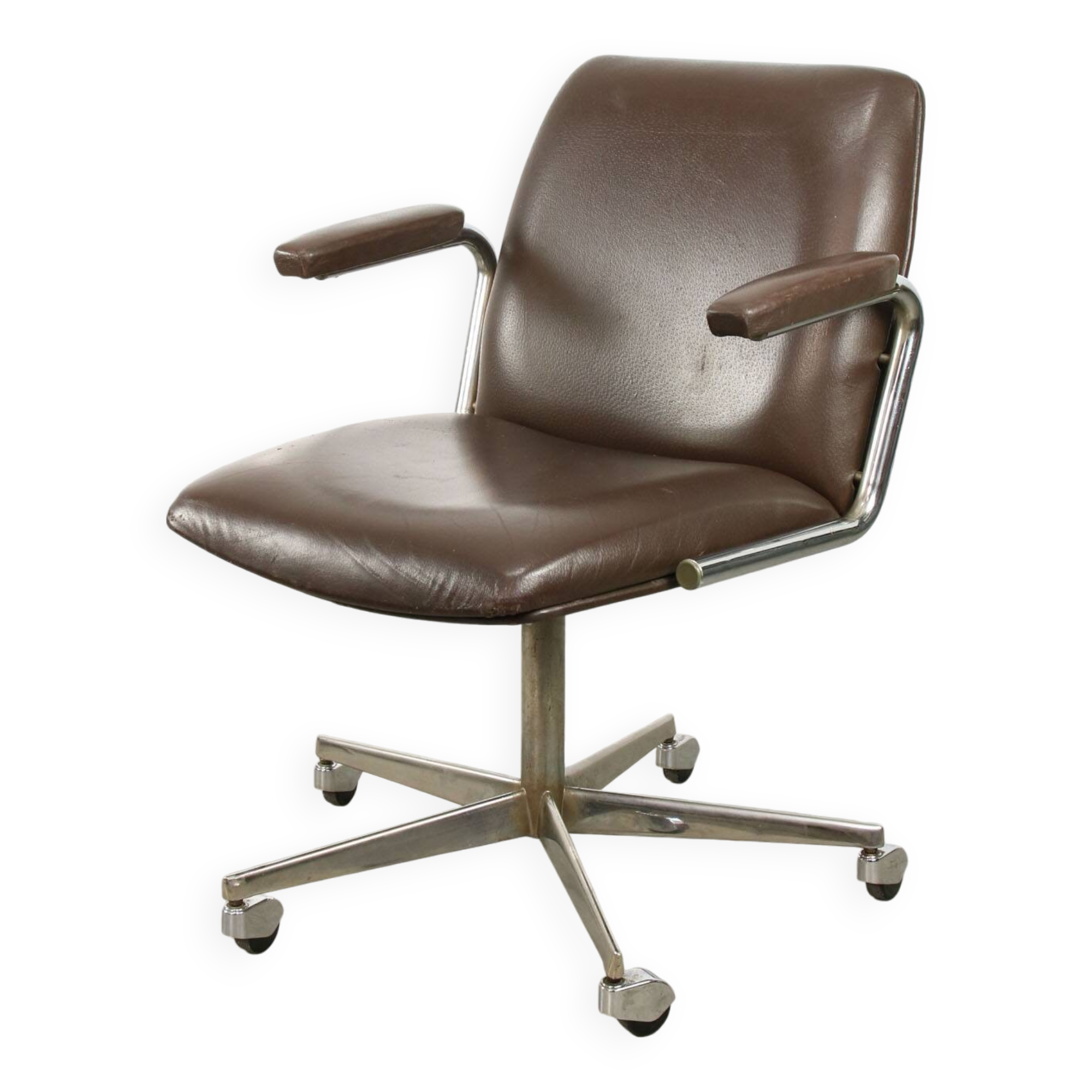 Mid-Century Italian Brown Leather Swivel Chair