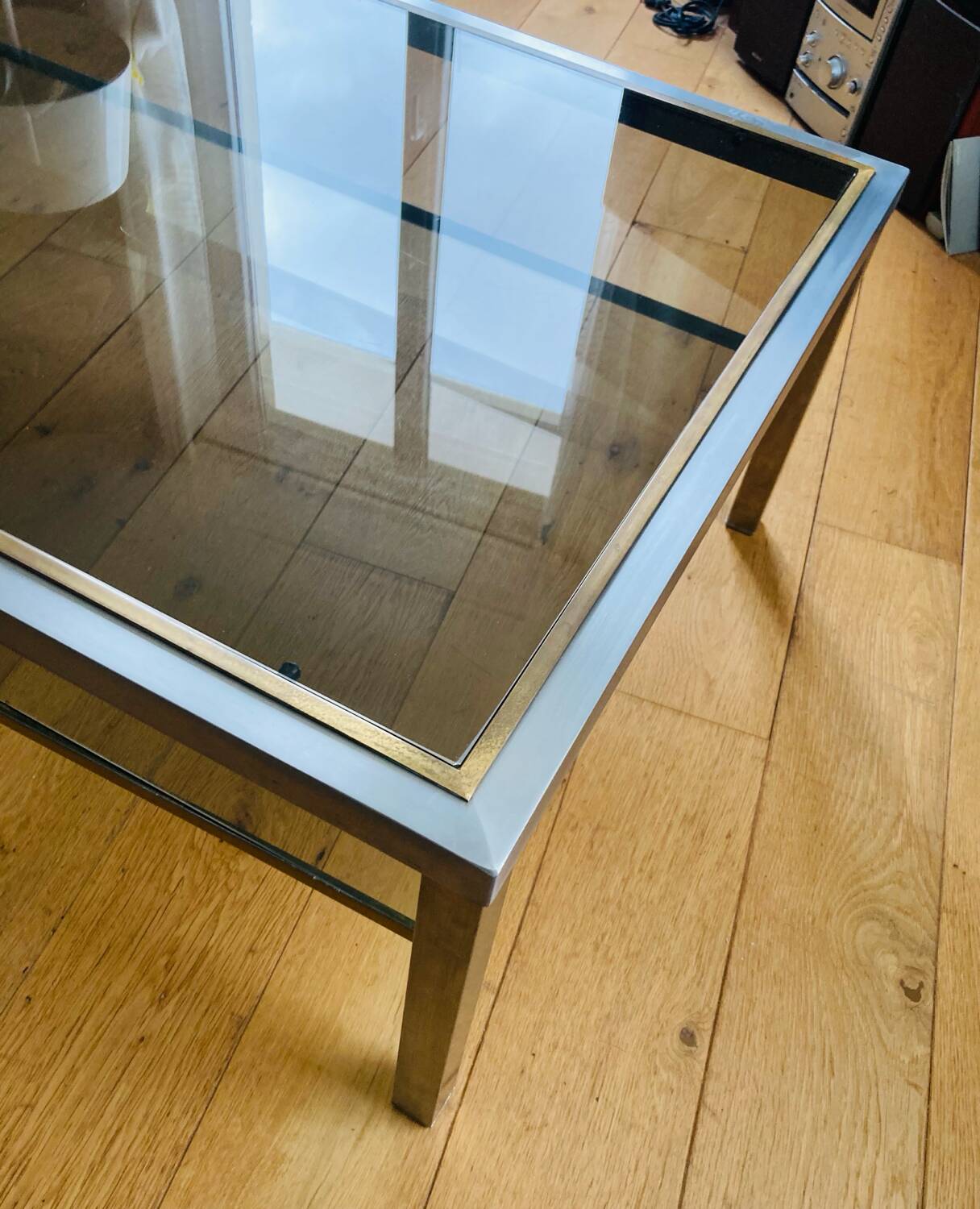 1970s coffee table in brushed metal, brass and smoked glass by Willy R