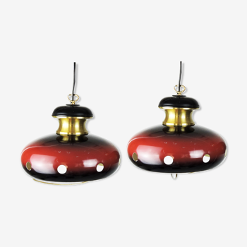 Red and Gold Space Age Pendant Lamps, 1960s, Set of 2