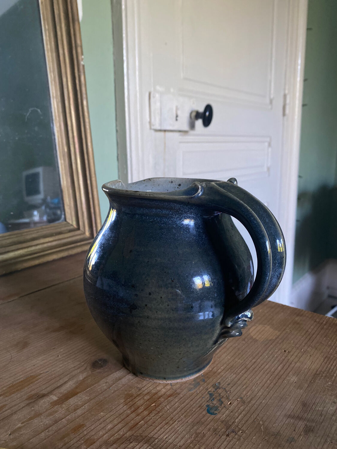 Blue carafe in glazed stoneware ceramic signed