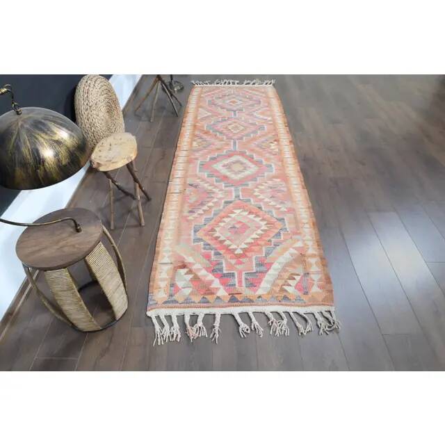 Orange Pink Turkish Oushak Vintage Handmade Wool Runner Rug  100x290