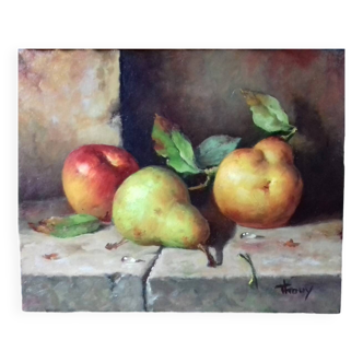 Still life in oil on hardboard mounted on wooden frame
