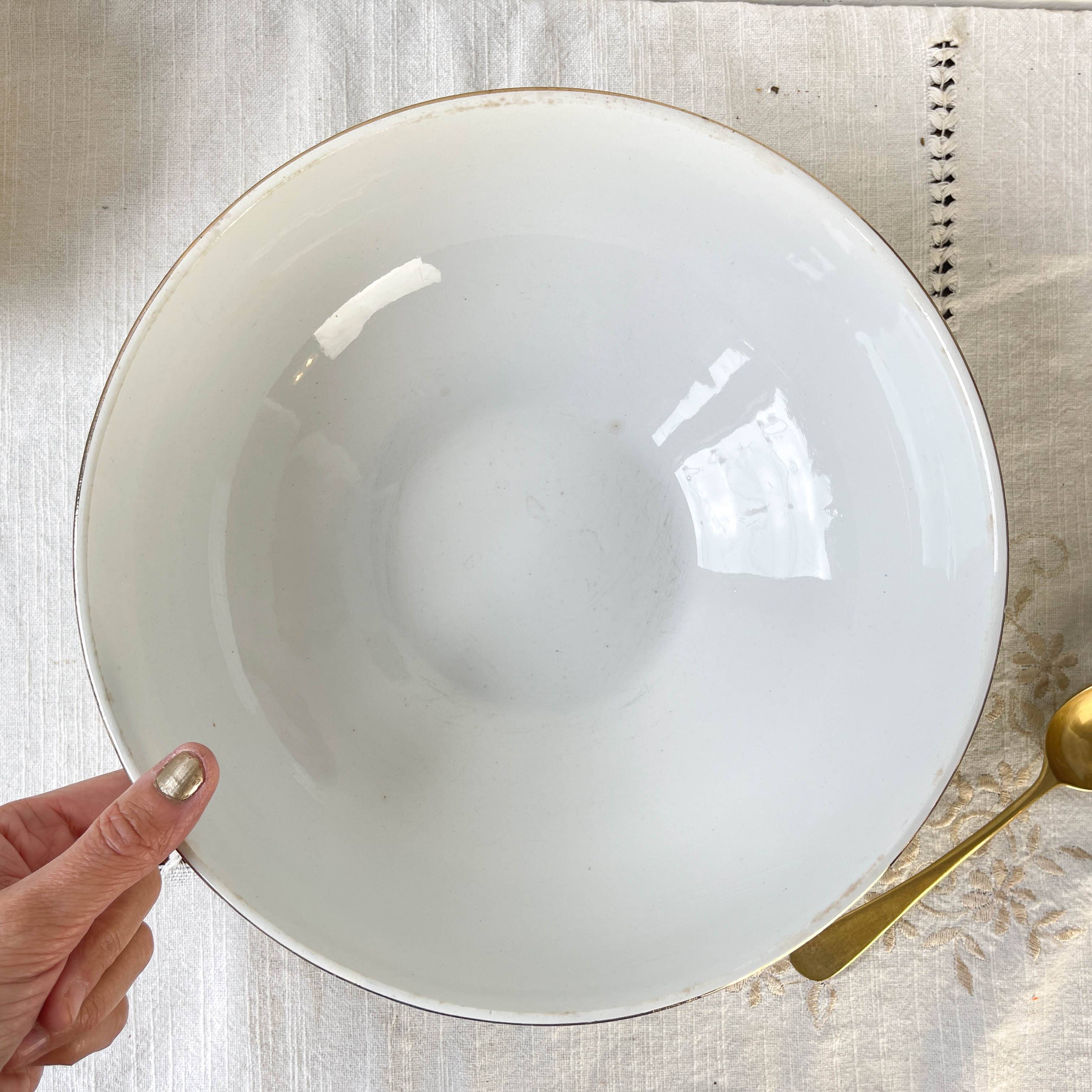 Vintage white and green floral porcelain salad bowl SALINS 66 from the 1950s