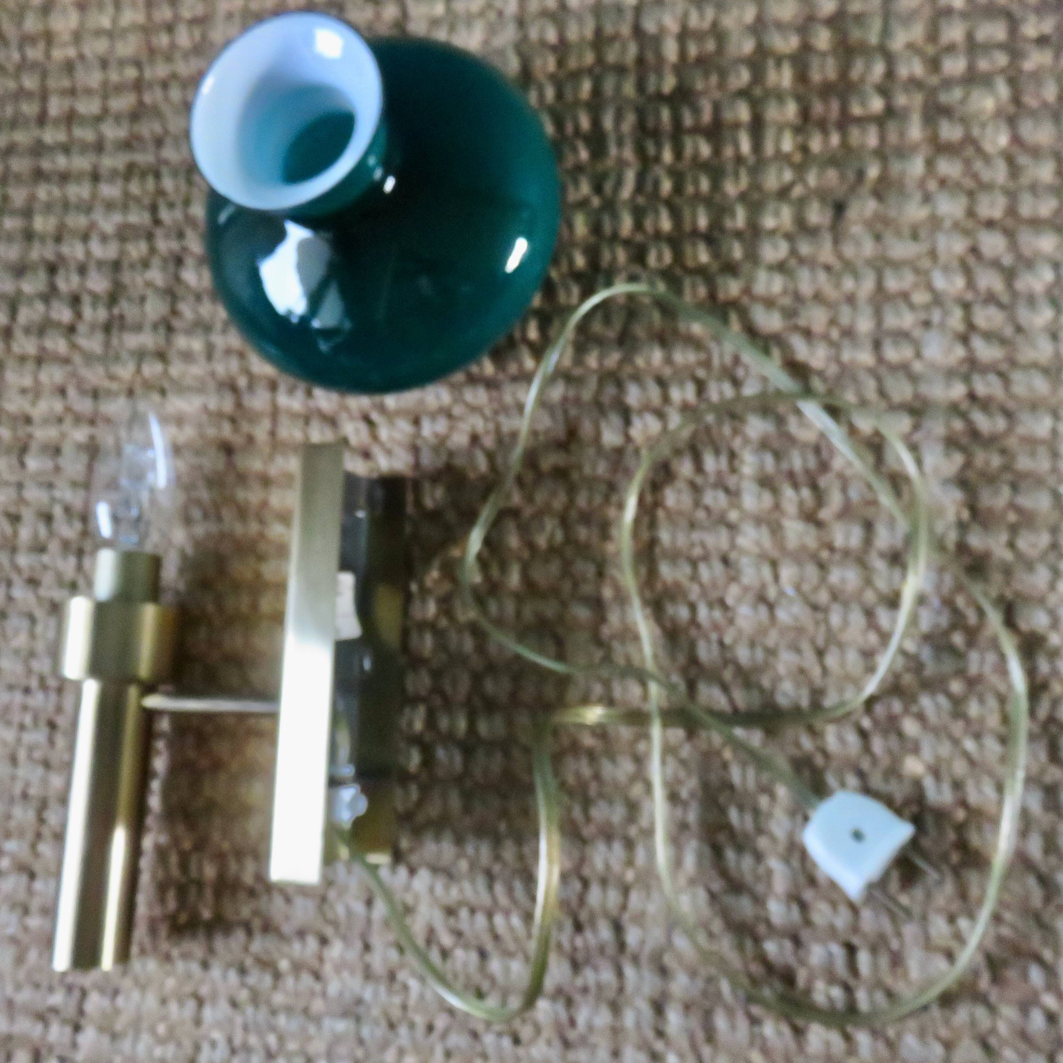 Brushed brass wall light with green glass shade "Vitrika". Denmark 1980
