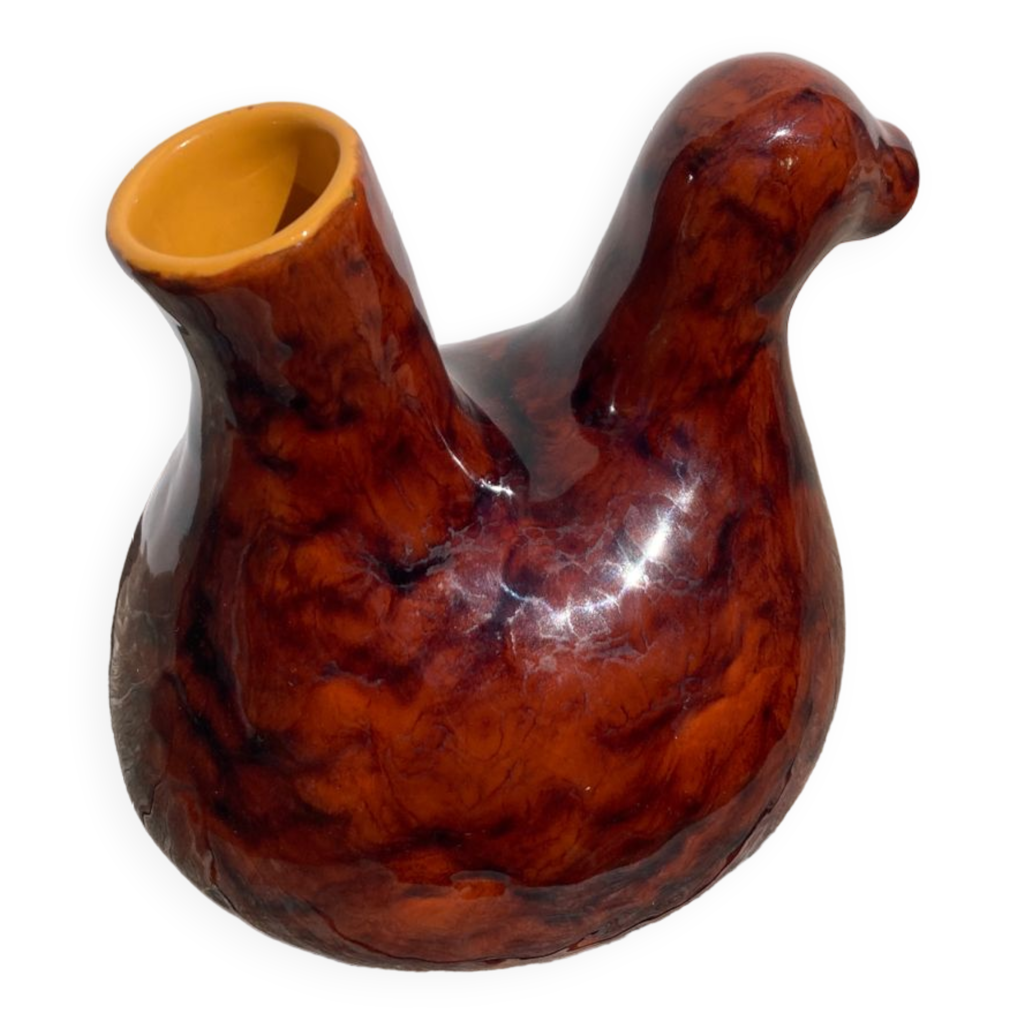 Zoomorphic pitcher bird / hen 1970 glazed ceramic brown and yellow